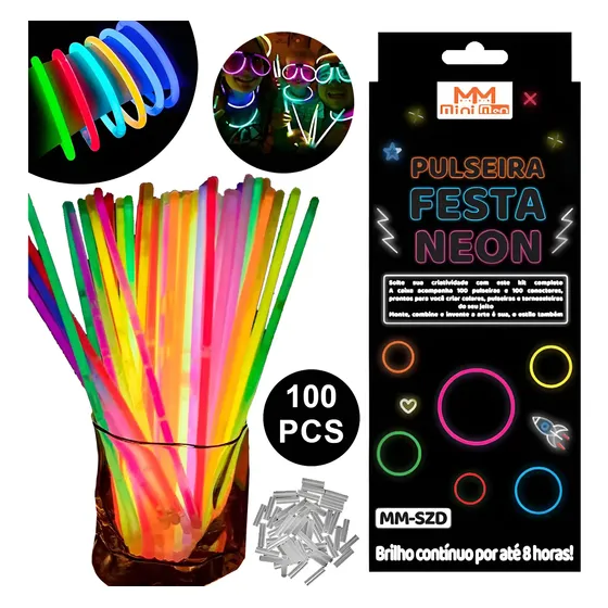 Kit 100 Pulseira Neon Fluorescente Brilhante Balada Led