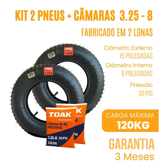 2 Pneus + 2 Câmaras 3.25-8, Carrinho De Mão 2 Lonas - Toak.