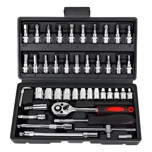 Kit Jogo Chave Catraca Combinada Maleta Ferramenta 46 Peças Prateado