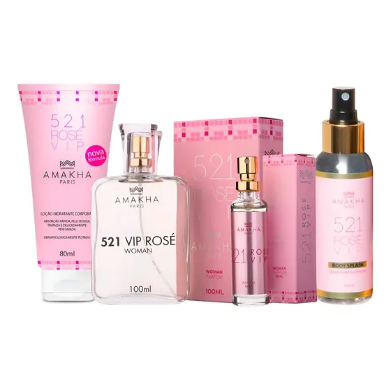 Kit 521 Vip Rosé Completo Perfumes 15ml E 100ml + Hidratante + Body Splash