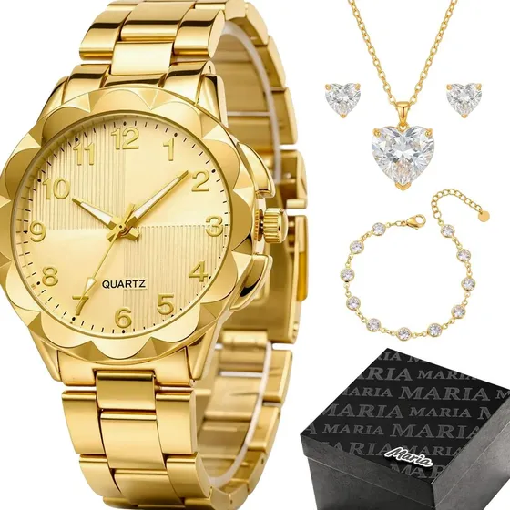 Relogio Feminino Prova Dagua Banhado + Colar + Pulseira