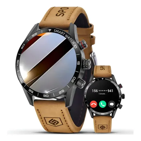 Relógio Smartwatch Homem Inteligente Resistente À Água Couro Preto Couro Marrom-claro
