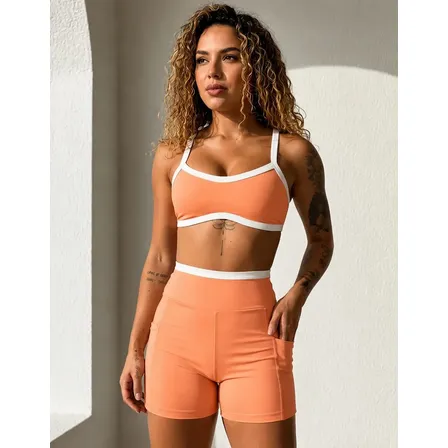 Conjunto Fitness Feminino Top Duplo Shorts Bolso Cós Alto Uv Laranja Damasco Liso G
