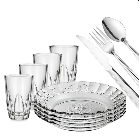 Jogo Jantar 20 Peças Vidro Inox 4 Pratos 4 Copos 4 Talheres Transparente