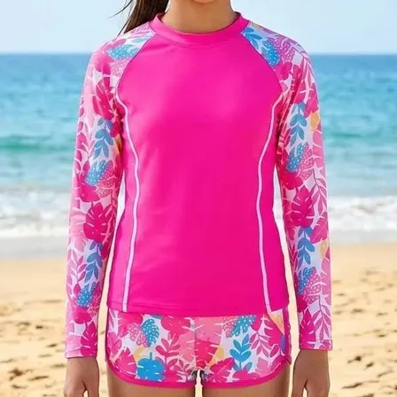 Roupa De Banho Moda Verão Praia Piscina Uv50+ Confortável Flowers Pink 7-8
