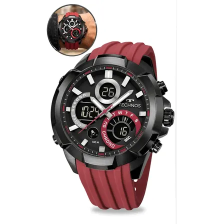 Relógio Technos Masculino Esportivo Prova D'água Original Vermelho Preto