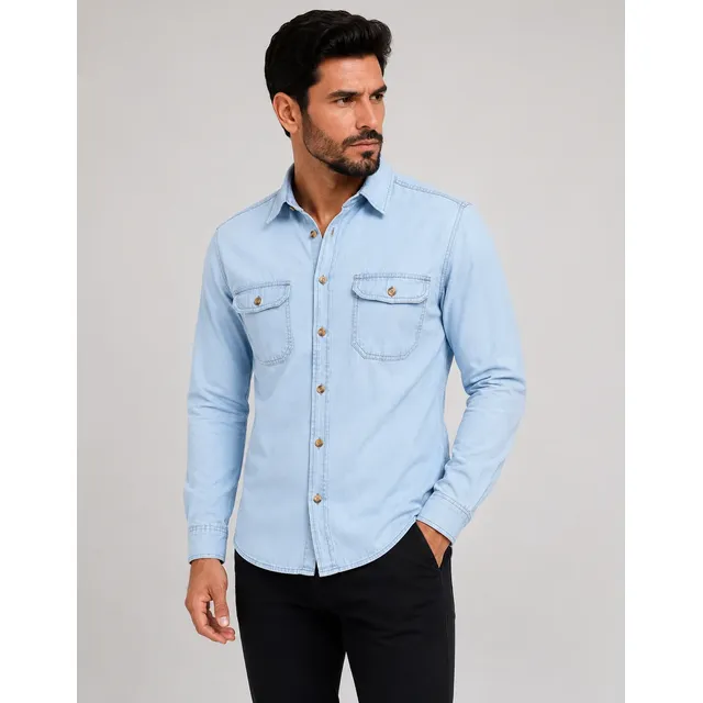 Camisa Jeans Masculina Social Slim Manga Longa Jeans Claro Gg