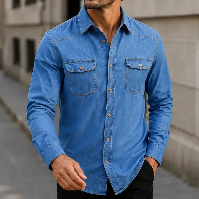 Camisa Jeans Masculina Social Slim Manga Longa