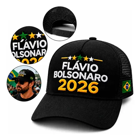 Bone Flavio Bolsonaro 2026 Presidente Redinha Premium Brasil Boné Preto Un Frase