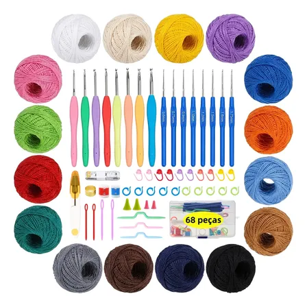 Kit Crochê Completo 16 Agulhas Ergonômicas E Acessórios 68 Peças Com 16 Novelos