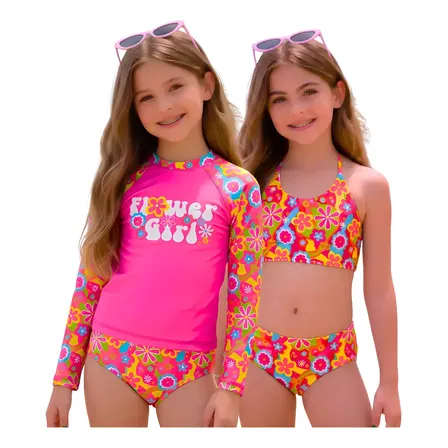 Biquíni Infantil Juvenil Com Blusa Uv50 - Kit 3 Peças Sweet