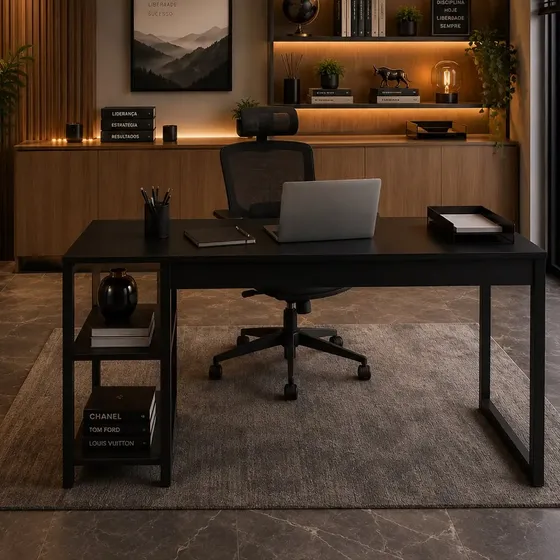 Mesa Escrivaninha Office Estudo Estilo Industrial Acacia Preto