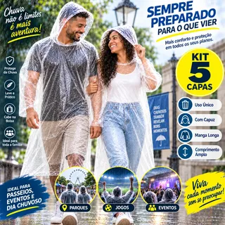 Kit 5 Capa De Chuva Descartável Transparente Eventos Unissex Transparente Unico