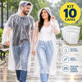 Kit 10 Capa De Chuva Descartável Transparente Unissex Evento Transparente Unico