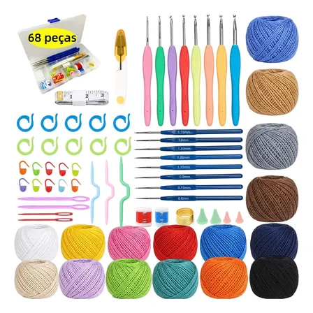 Kit Crochê Completo 16 Agulhas E Acessórios Costura 68 Peças Com 16 Novelos