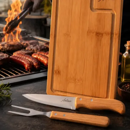 Kit Para Churrasco Tábua Faca Garfo Com Nome