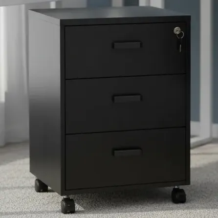 Gaveteiro Arquivo 3 Gavetas Chave Mdf Home Office Montado Preto / Com Rodinhas