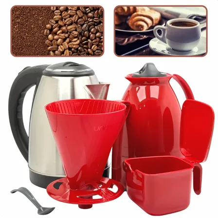 Kit Café Prático Chaleira Inox + Garrafa Térmica Filtro Pre