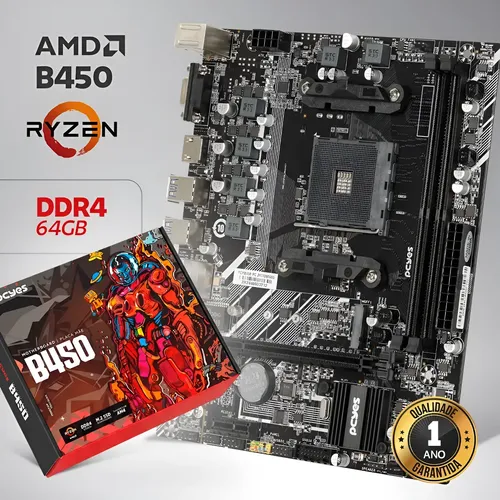 Placa Mãe B450 Ddr4 Amd Am4 Pcyes M.2 Nvme 64gb Ram Matx