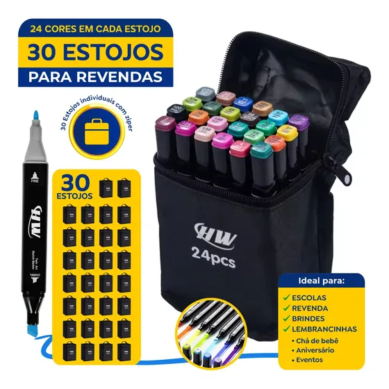 Kit 30 Estojos 24 Cores Canetinha Touch Ponta Dupla Marcador