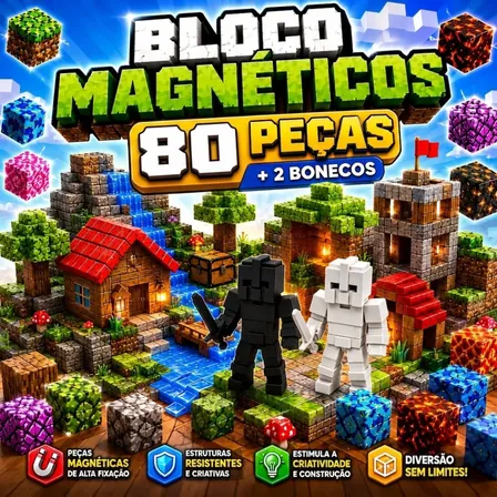 Kit 80 Blocos Magnéticos + 2 Bonecos Brinquedo De Montar Pçs 80 Negra