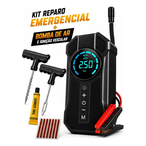 Auxiliar Partida Compressor Portátil +reparo Pneu Carro Moto Preto 15v