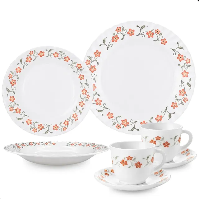 Aparelho De Jantar E Chá/café 20 Peças Vidro Opaline Branco Branco Floral