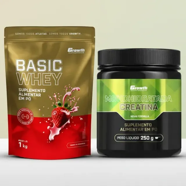 Kit Growth: Whey Protein Basic Morango 1kg + Creatina Monohidratada 250g