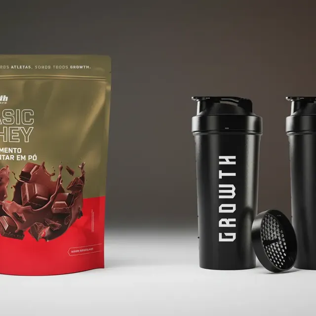 Kit Growth: Whey Protein Basic Chocolate 1kg + Coqueteleira Shaker Academia Preta 600ml