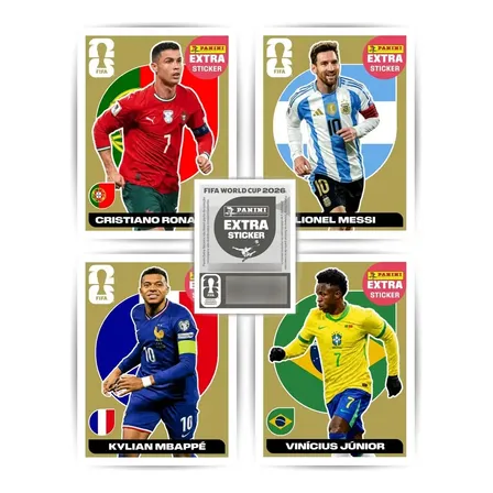 Kit 4 Figurinhas Legend 2026 + Brinde Cr7 - Messi - Vini Jr - Mbappé 4 Legends Ouro 2026