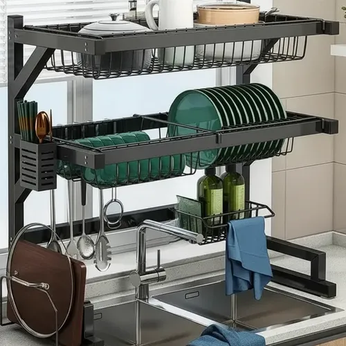 Escorredor Louça Pratos Suspenso Cozinha 2 Camadas 65cm Larg Preto