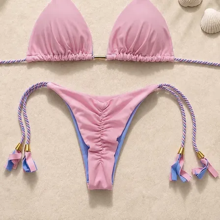 Biquini Levanta Bumbum Dupla Face Trancinha Cortininha Bojo Rosa M