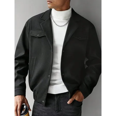Jaqueta Masculina De Lã Para Inverno Com Bolsos Preto S