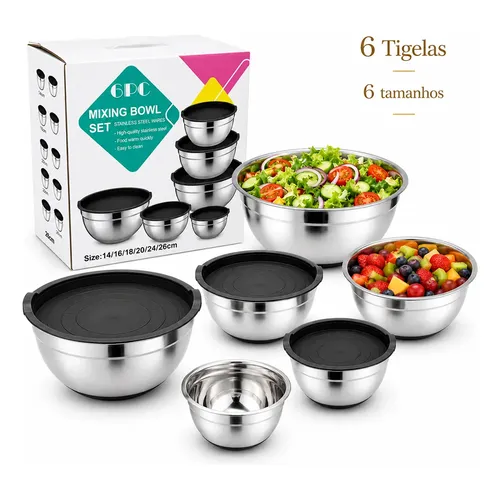 6 Bowls Tigelas Aço Inox Com Tampa Plástica Kit 304 Inox Prateado