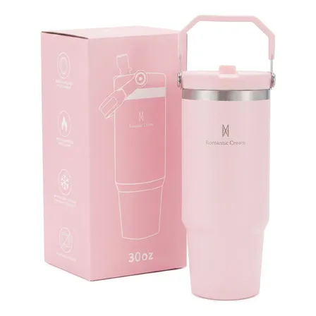 Garrafa Térmica Inox 900ml Tampa Flip Straw Canudo Com Alça Rosa-claro