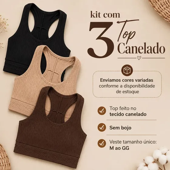 Kit C/ 3 Top Canelado - Dia A Dia - Conforto - Academia