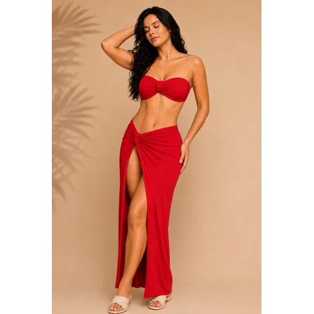 Triquíni Conjunto De Praia Saida De Praia Traje De Banho Vermelho Liso Slim 38 Ao 42