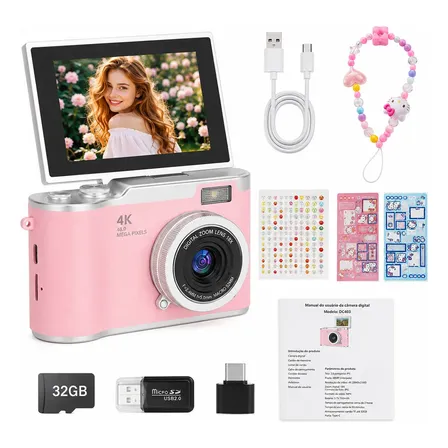 Câmera Digital Infantil 48mp Recarregável Foto E Vídeo Rosa