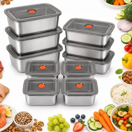 Kit 10 Potes Com Tampa Em Aço Inoxidável 316 Para Alimentos Prateado