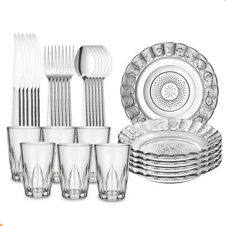 Kit Jantar 30 Peças Pratos Talheres Copos Vidro Mesa Posta Transparente Verdan