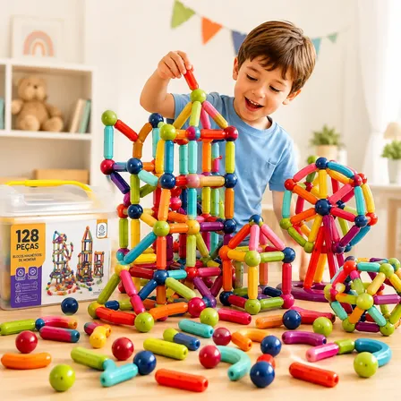 Blocos De Montar Magnéticos 128 Peças Brinquedo Educativo 128