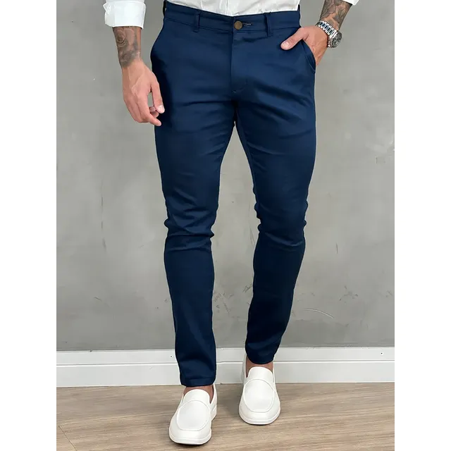 Calça Masculina Sarja Premium Social Esport Fino Bolso Lycra Azul-marinho Liso 44