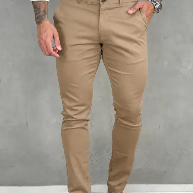 Calça Masculina Sarja Premium Social Esport Fino Bolso Lycra Bege Liso 40