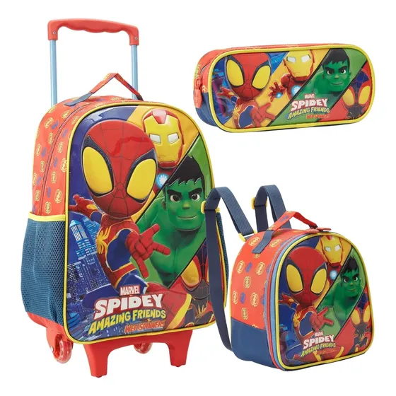Kit Mochila Rodinha Lancheira Estojo Infantil Pequena Creche Spidey Escolar Xeryus 13381 Vermelho Spidey
