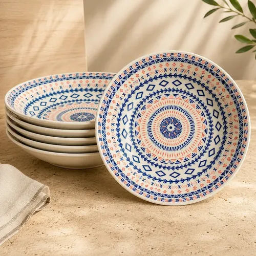 Jogo 6 Pratos Fundos Santorini 22,5cm Em Ceramica Estampado