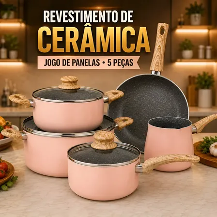 Jogo De Panelas 5 Peças Antiaderente Cerâmica Indução Gás