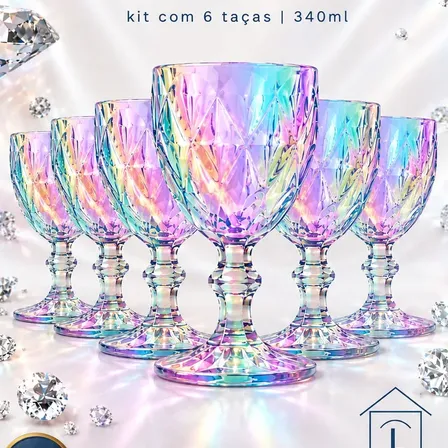 Jogo Kit 6 Taças Vidro Rainbow Arco Iris 340ml Diamond Agua Arco-íris