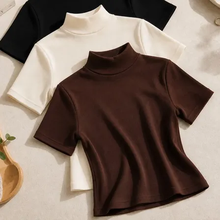 Kit 3 Blusas Gola Alta Feminino Manga Curta Básica Casual Preto/marrom/off-white Lisa Único: 36 A 42