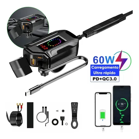 Carregador De Celular Para Moto Usb-c 3.0 Turbo Prova D'agua