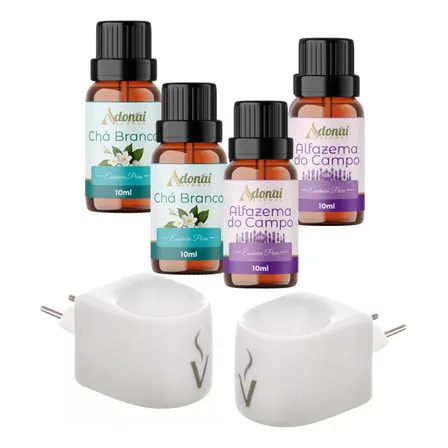 Kit 2 Difusor Elétrico Tomada Via Aroma + 4 Essencias Chá Branco E Alfazema 127/220v